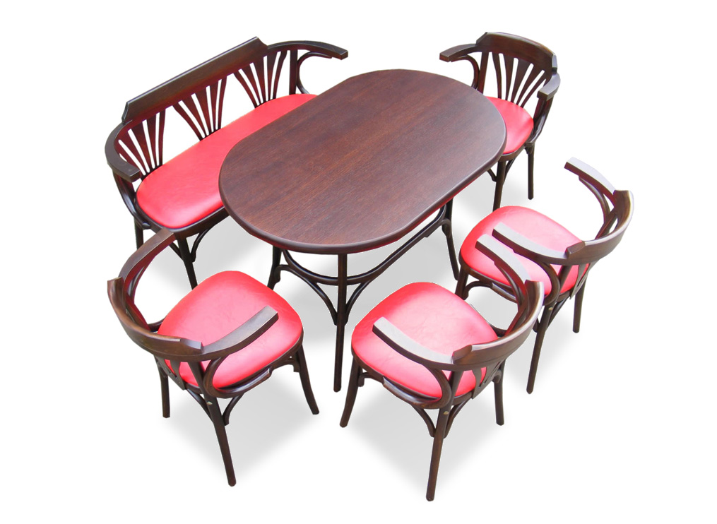 Bistro Table with wooden benche and 4 upholstered  bentwood chairs 